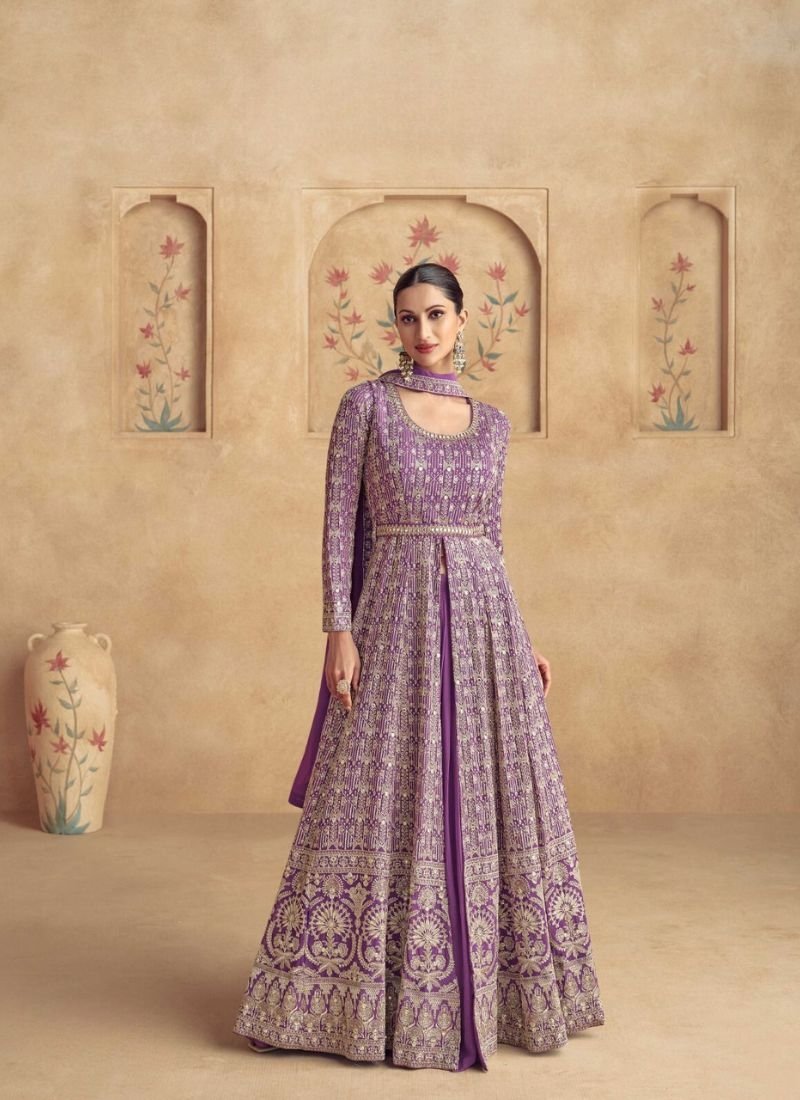 Stylish thread embroidered georgette anarkali suit in purple