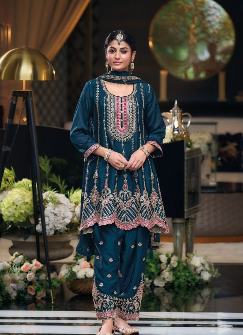 Exquisite designer embroidered chinon salwar kameez in dark blue