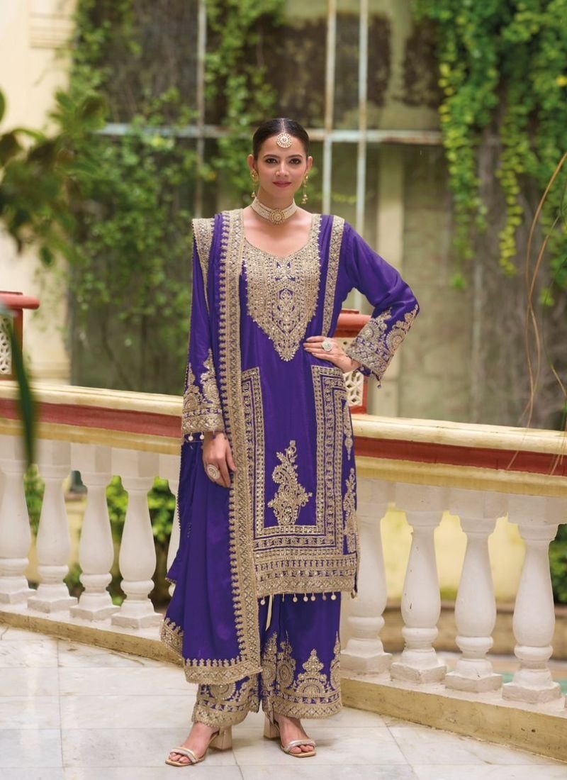 Stunning thread embroidered chinon palazzo suit in violet