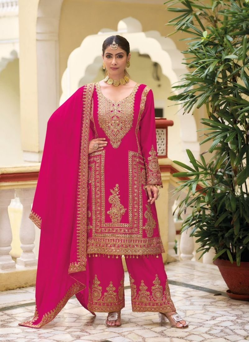 Stunning thread embroidered chinon palazzo suit in pink