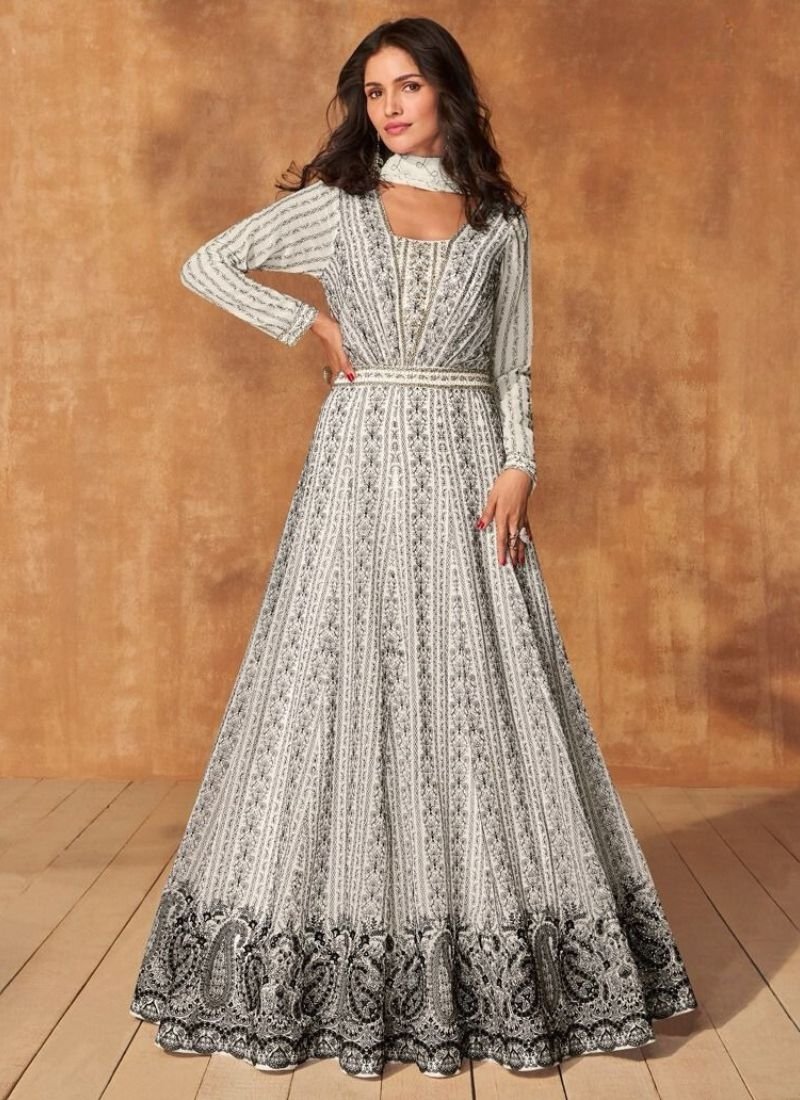 Designer heavy embroidered georgette Anarkali suit in white