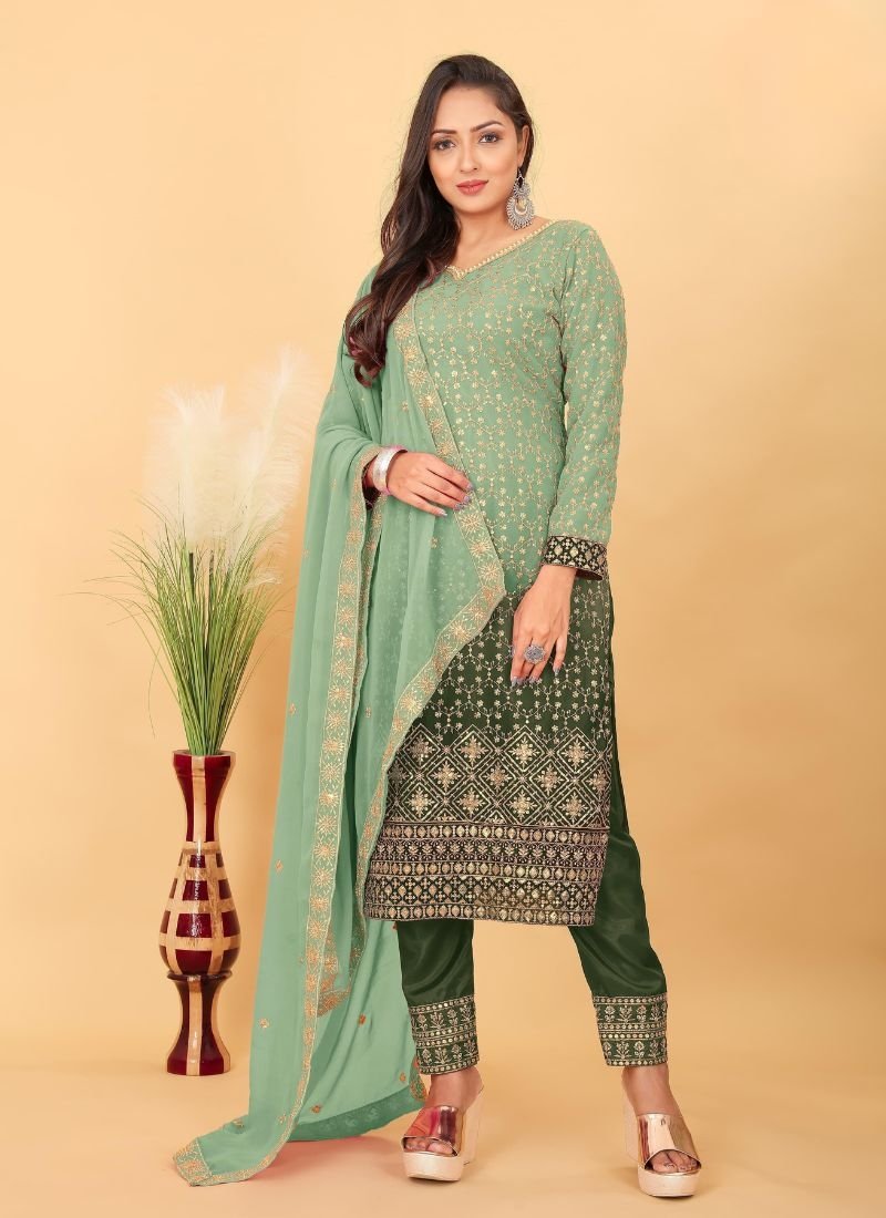 Elegant embroidered georgette kurta pant suit in green