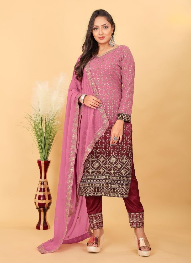 Elegant embroidered georgette kurta pant suit in pink