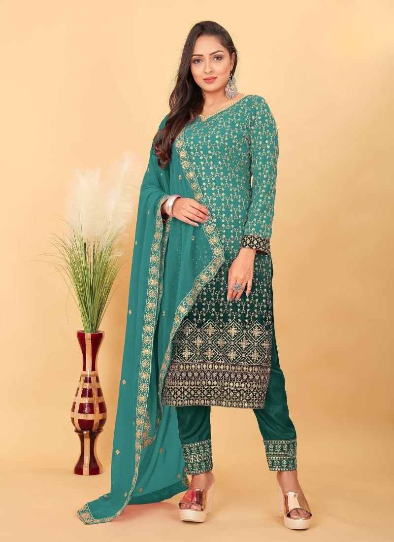 Elegant embroidered georgette kurta pant suit in blue