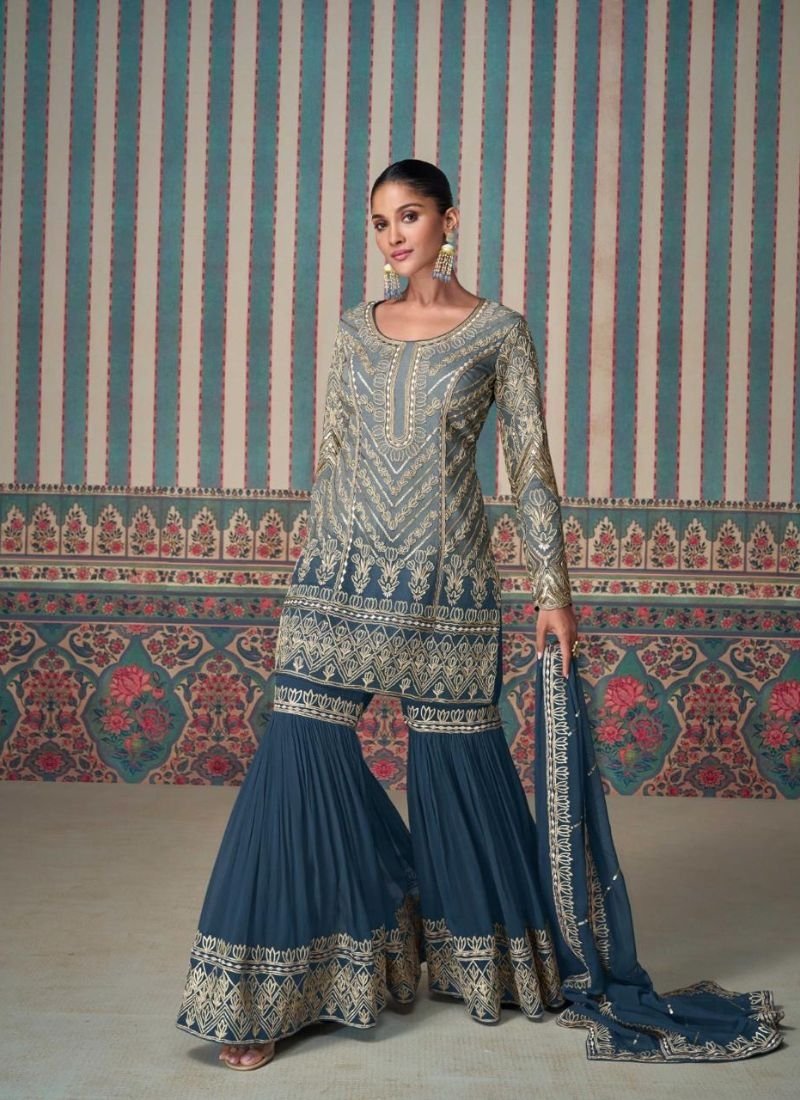 Stunning embroidered georgette sharara suit in dark blue