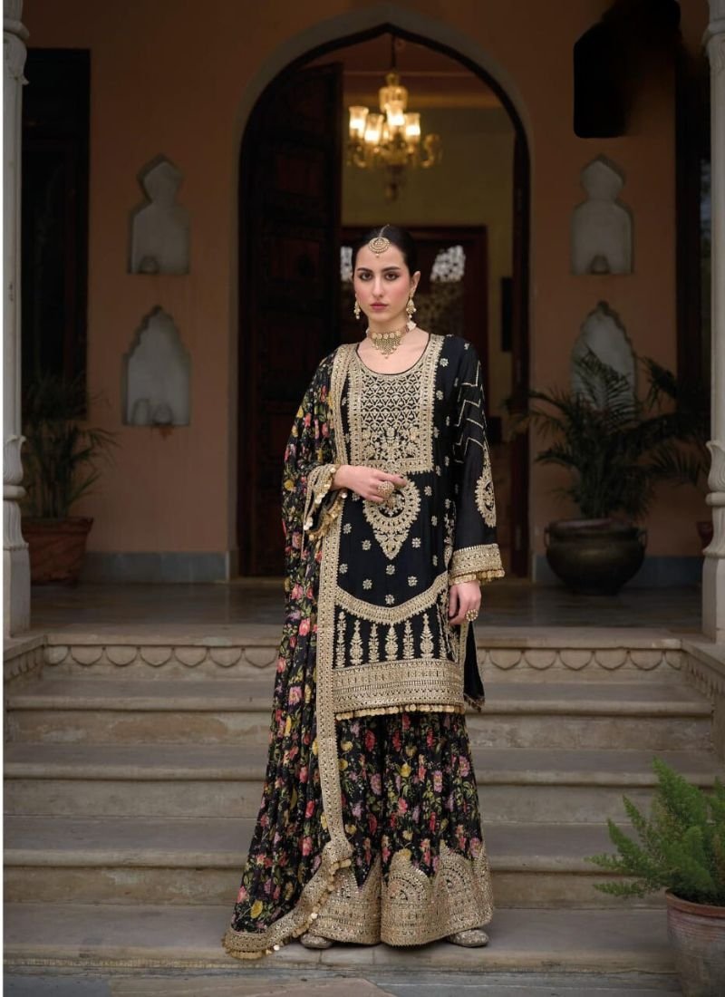 Stylish thread embroidered chinon palazzo suit in black