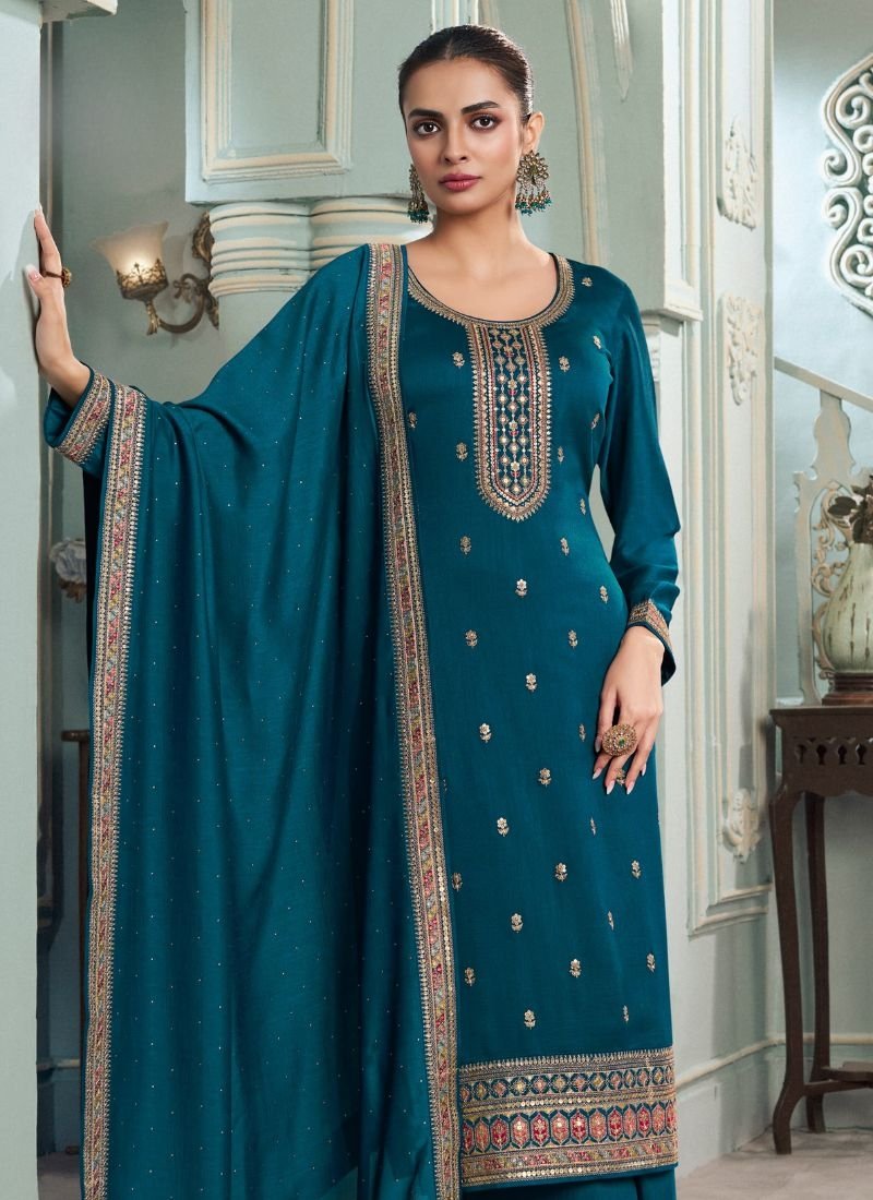 Elegant mirror embroidered georgette palazzo suit in blue