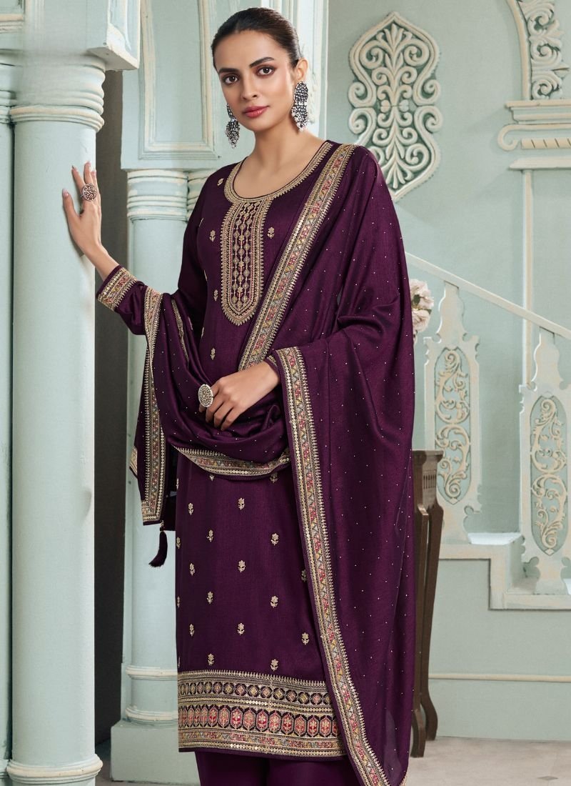 Elegant mirror embroidered georgette palazzo suit in maroon