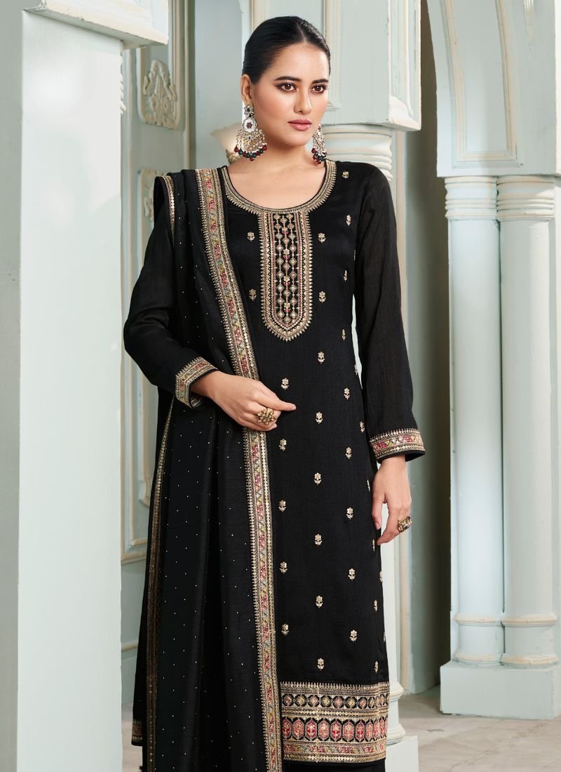 Elegant mirror embroidered georgette palazzo suit in black