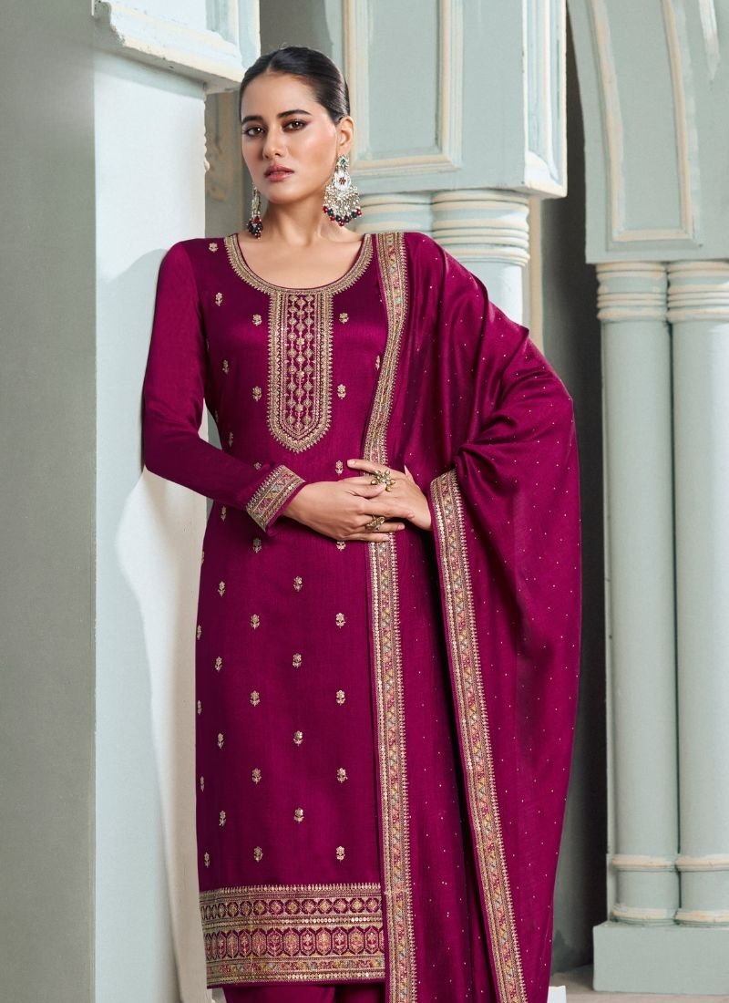 Elegant mirror embroidered georgette palazzo suit in pink