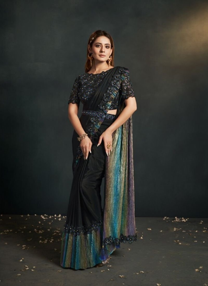 Exquisite digital embroidered silk saree in black