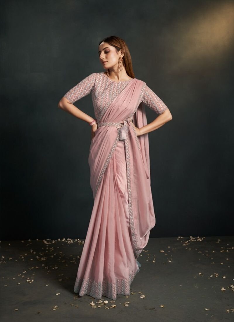 Exquisite digital embroidered silk saree in baby pink