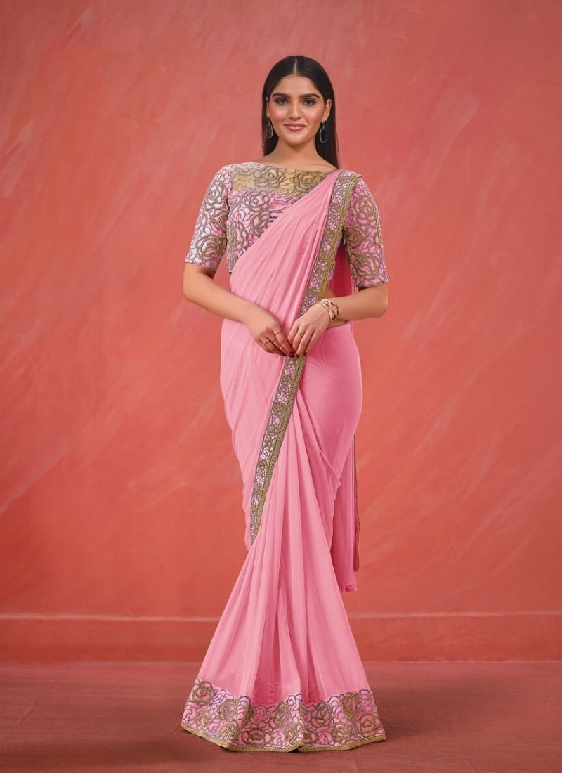 Exquisite digital embroidered silk saree in pink