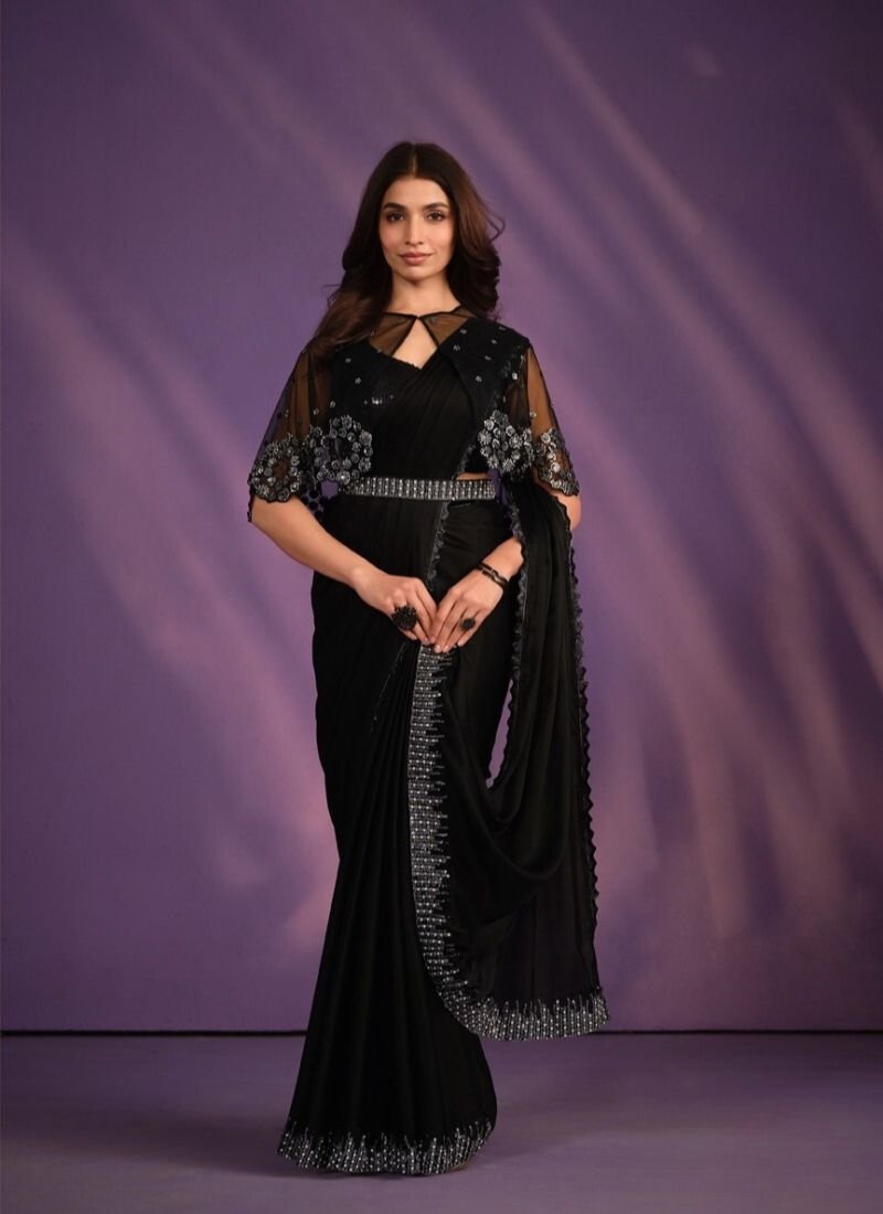 Exquisite mirror embroidered silk saree in black