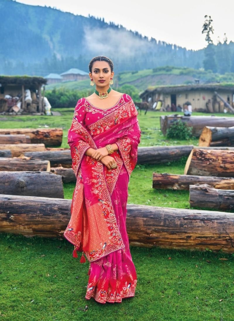 Beautiful hand embroidered organza silk saree in pink