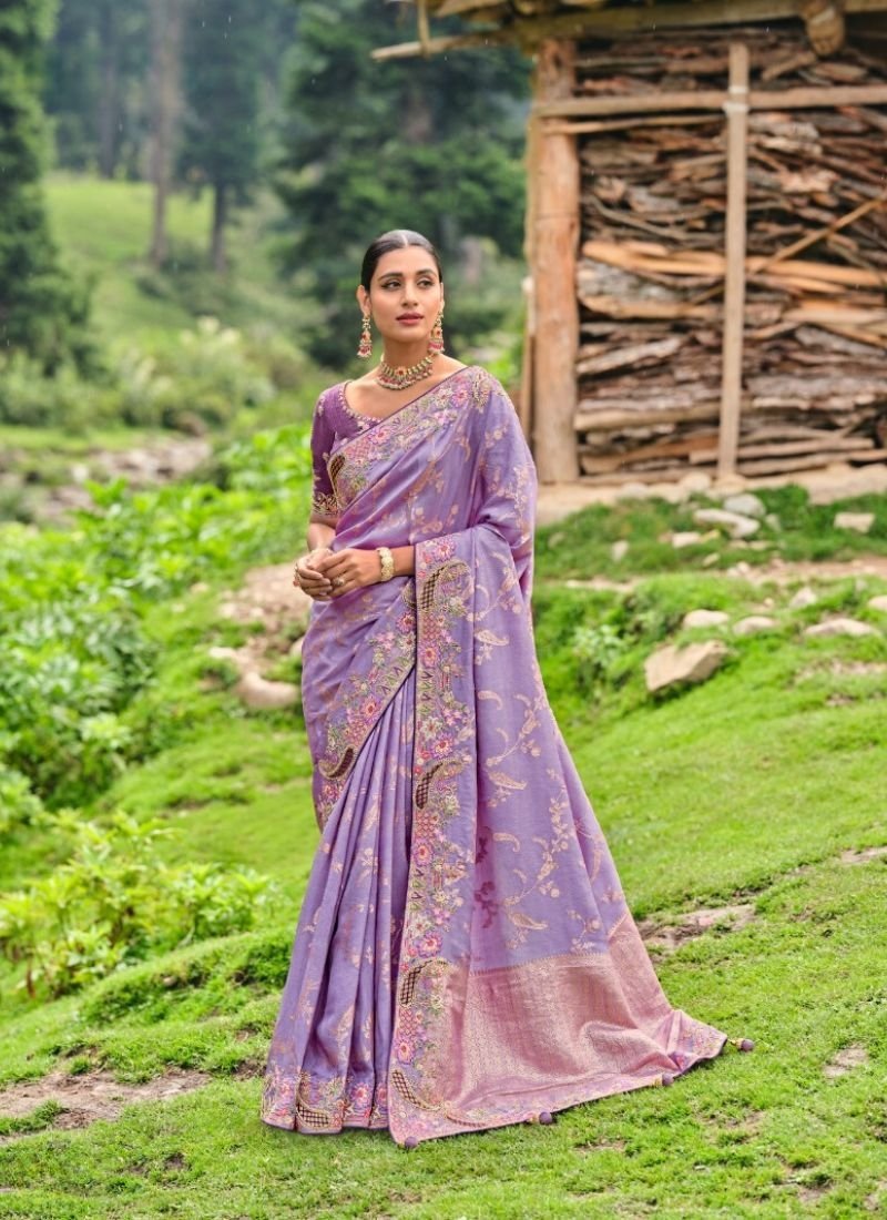 Beautiful hand embroidered organza silk saree in purple