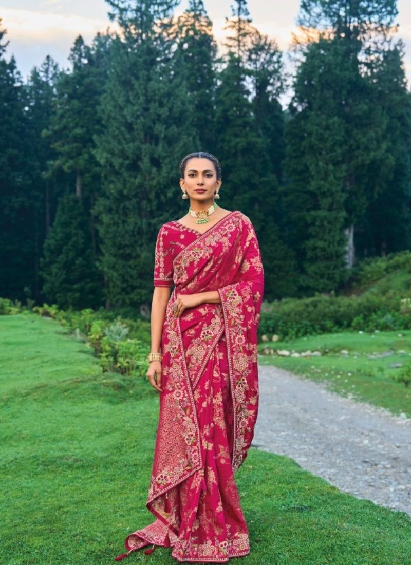 Beautiful hand embroidered organza silk saree in red