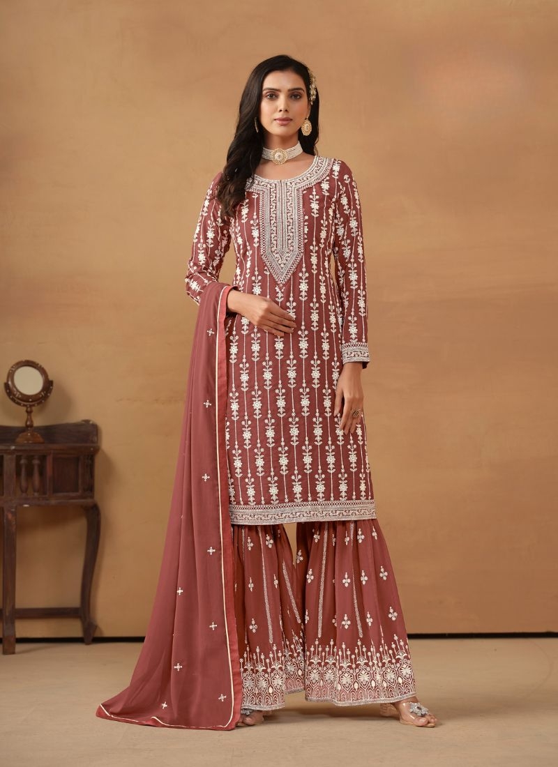 Stunning mirror embroidered faux georgette sharara suit in brown