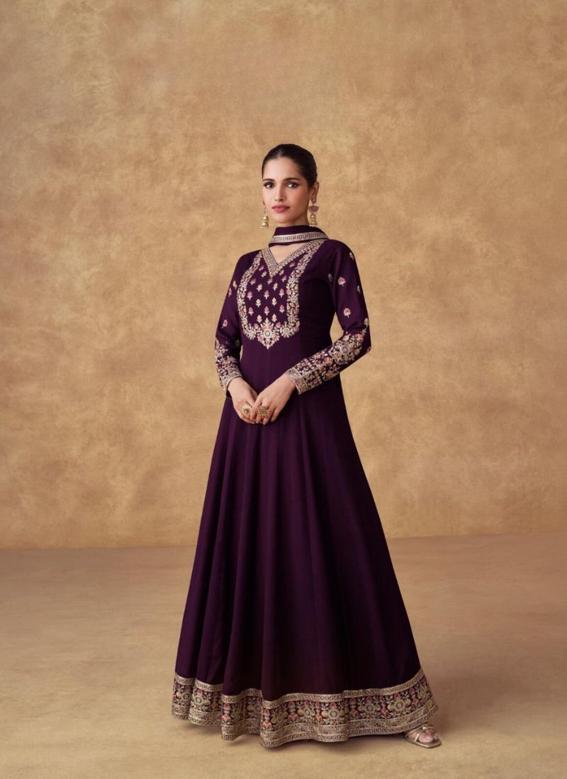 Beautiful embroidered Chinon long Anarkali with dupatta in Dark violet