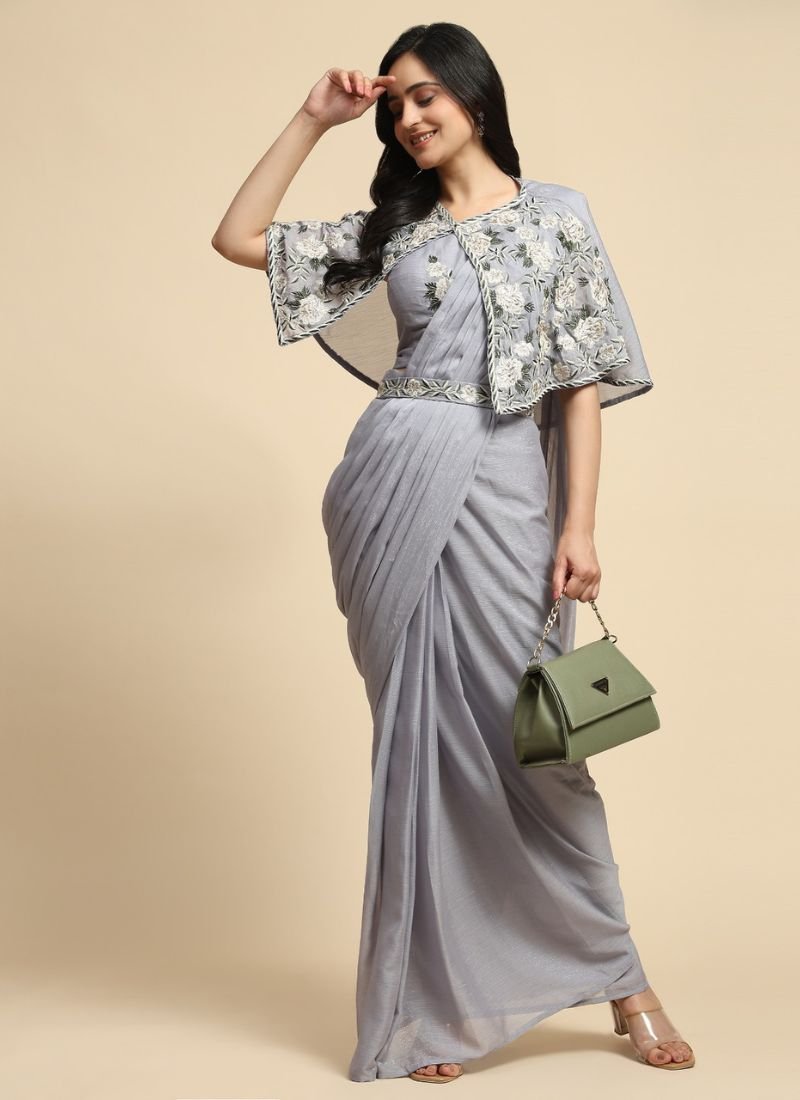 Stylish embroidered chiffon saree with printed jacket in grey