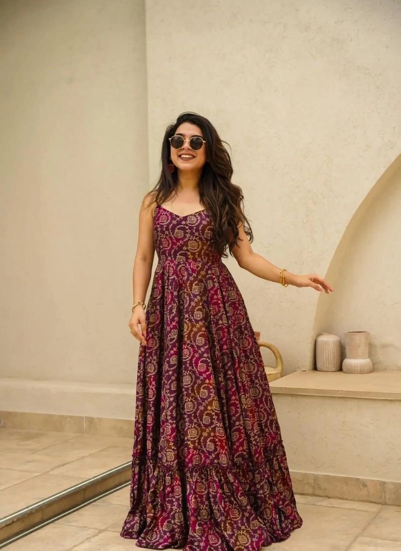 Stunning digital printed rayon anarkali in maroon