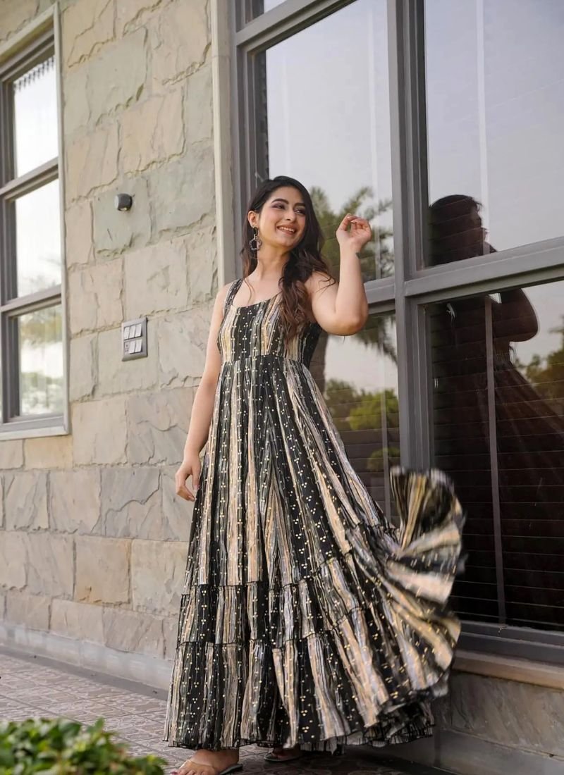 Stunning digital printed faux georgette anarkali in black