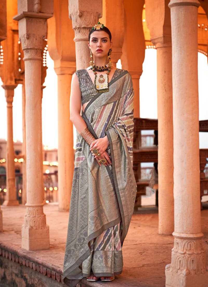 Ethnic foil printed viscose silk saree in dark grey