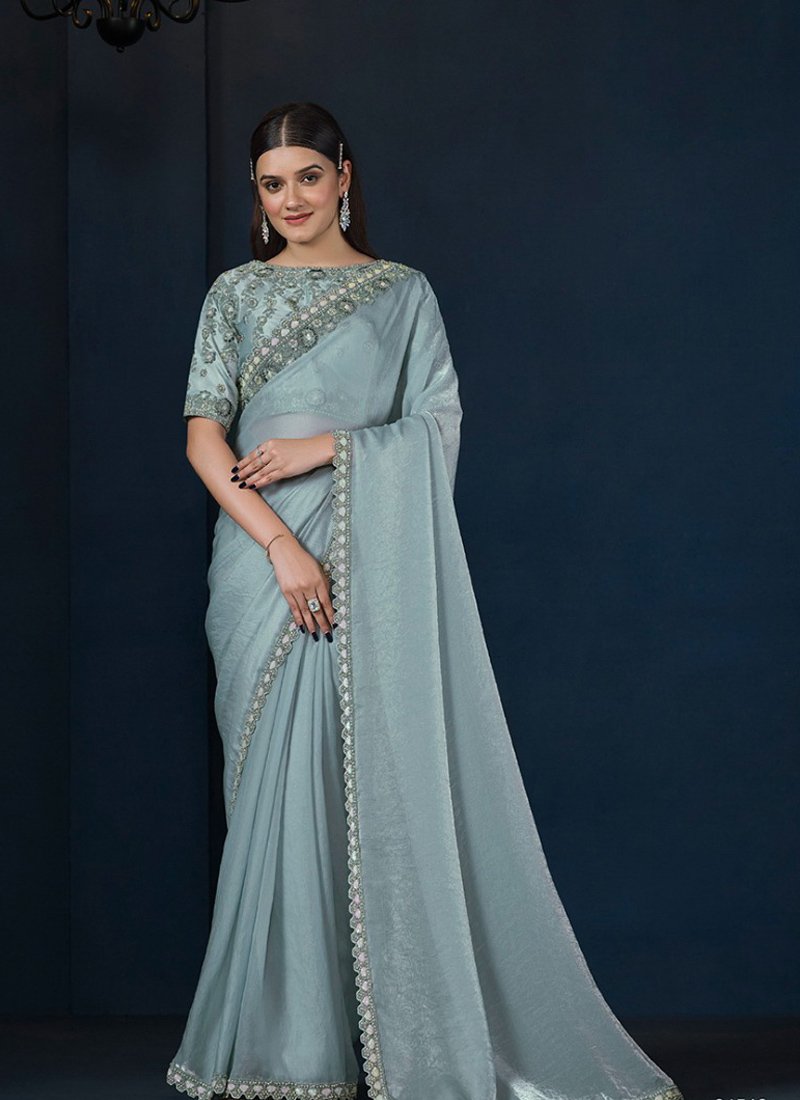 Exquisite hand embroidered silk saree in sky blue