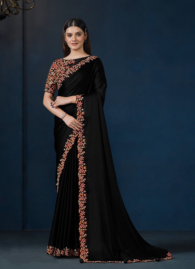 Exquisite hand embroidered silk saree in black