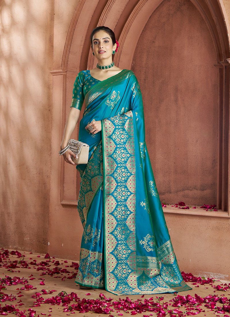 Elegant hand-woven banarasi silk saree in blue