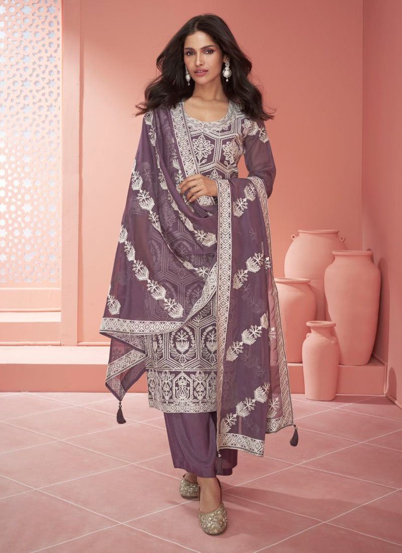 Heavily embroidered organza palazzo suit in purple