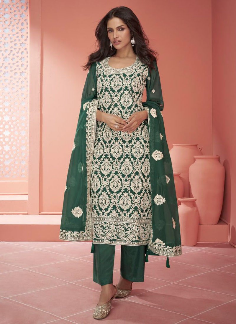 Heavily embroidered organza palazzo suit in dark green