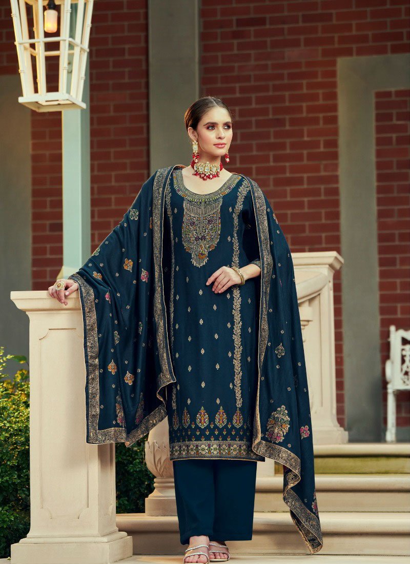 Stylish jacquard printed pashmina pantsuit in dark blue