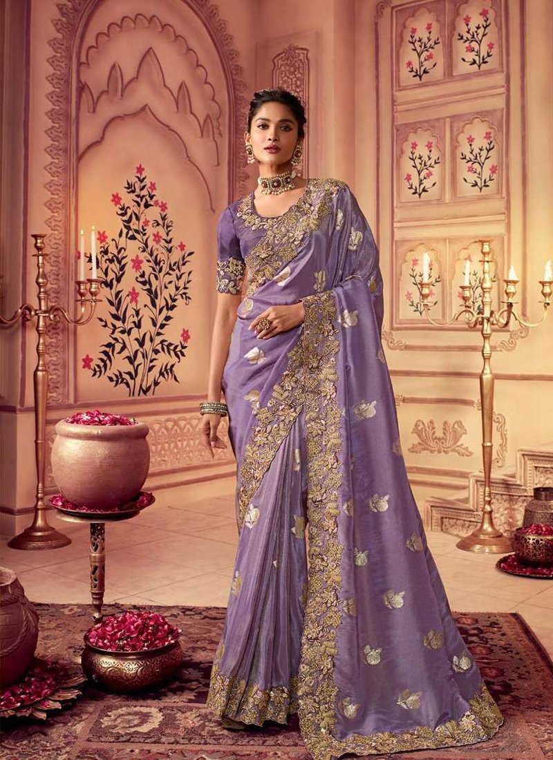 Beautiful embroidered georgette saree in light purple