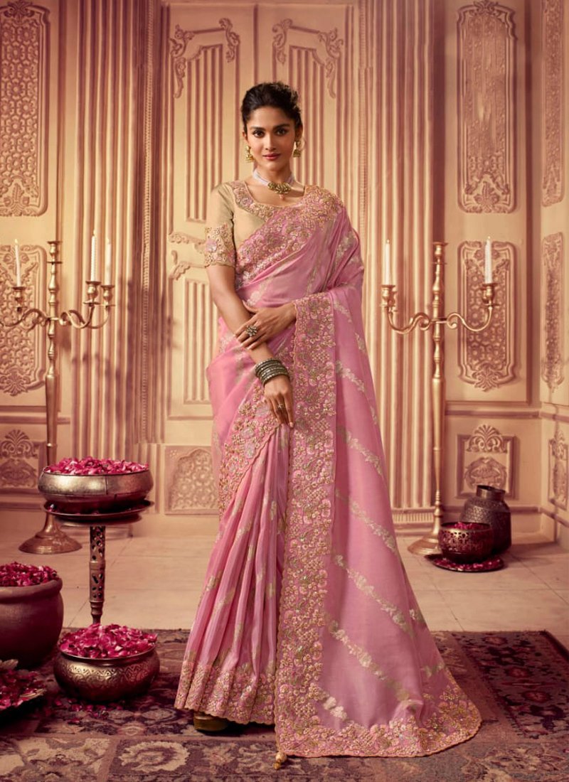 Beautiful embroidered georgette saree in pink