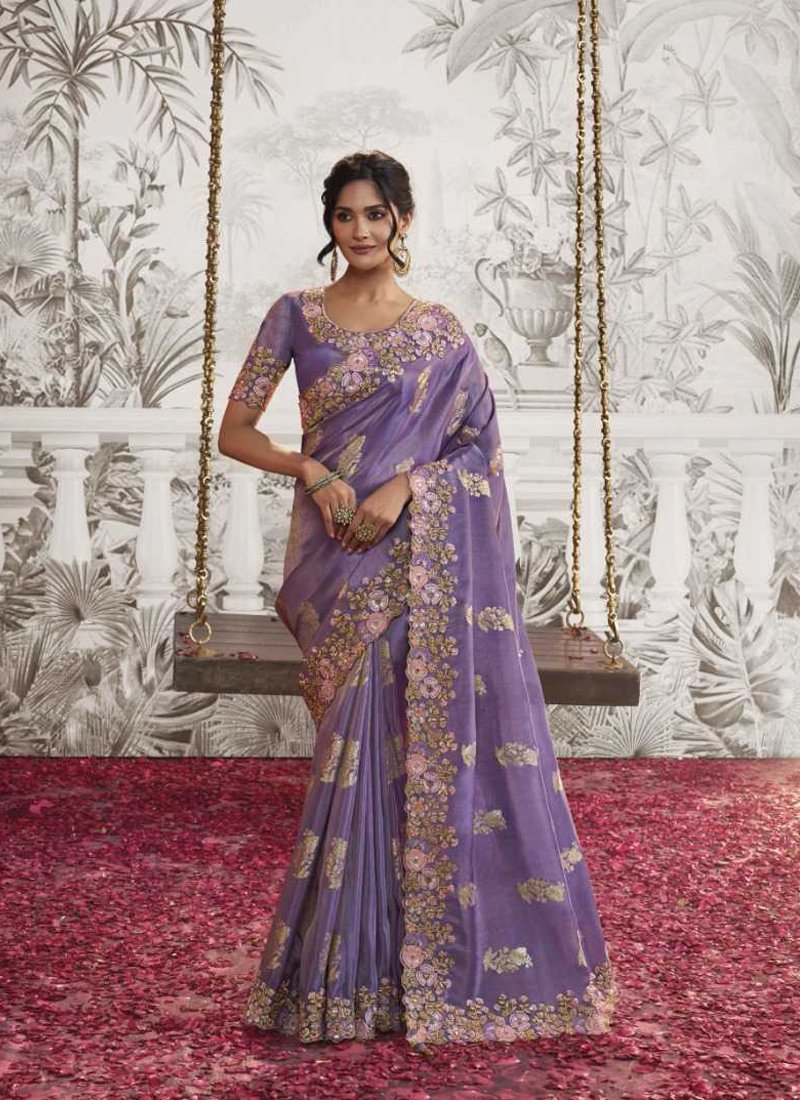 Beautiful embroidered georgette saree in purple