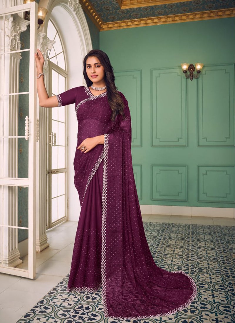 Designer thread embroidered chiffon saree in magenta