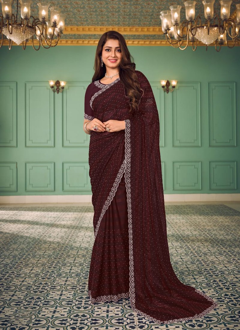 Designer thread embroidered chiffon saree in maroon