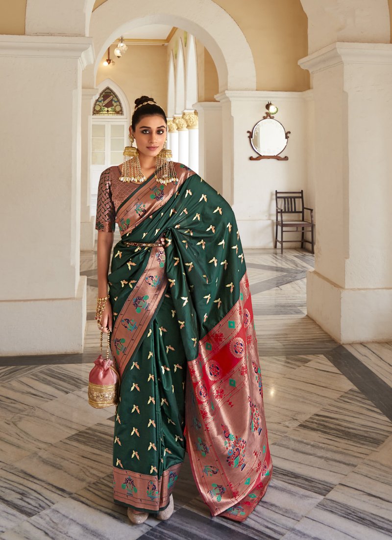 Exquisite hand weaving soft silk saree in dark green