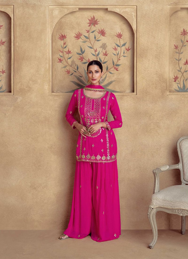 Designer floral embroidered chinon palazzo set in pink