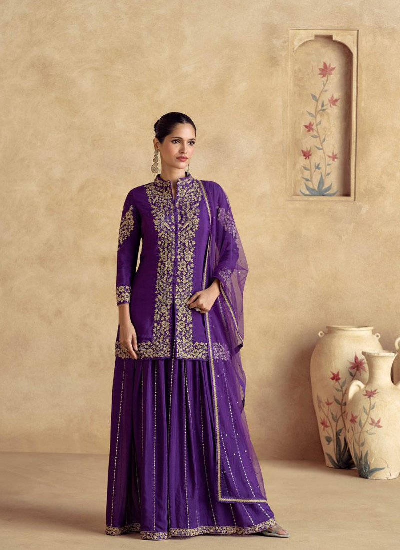 Designer floral embroidered chinon palazzo set in violet