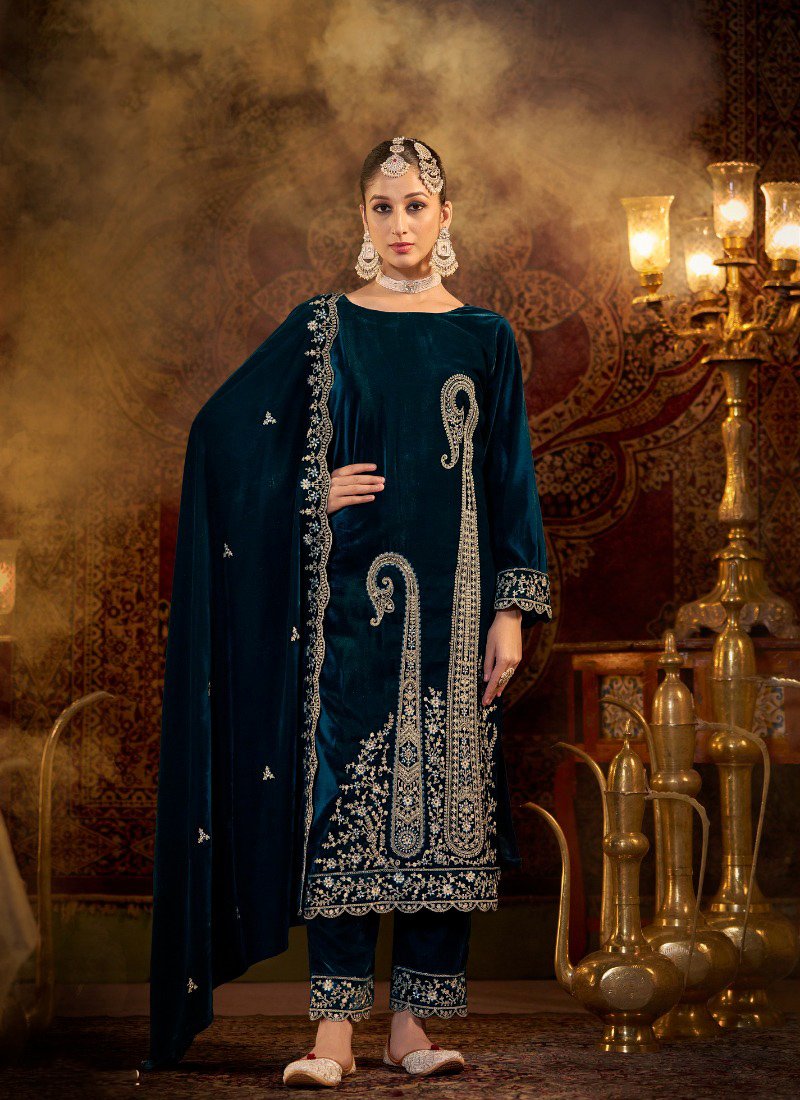 Beautiful floral embroidered pure velvet pantsuit with pashmina shawl in dark blue