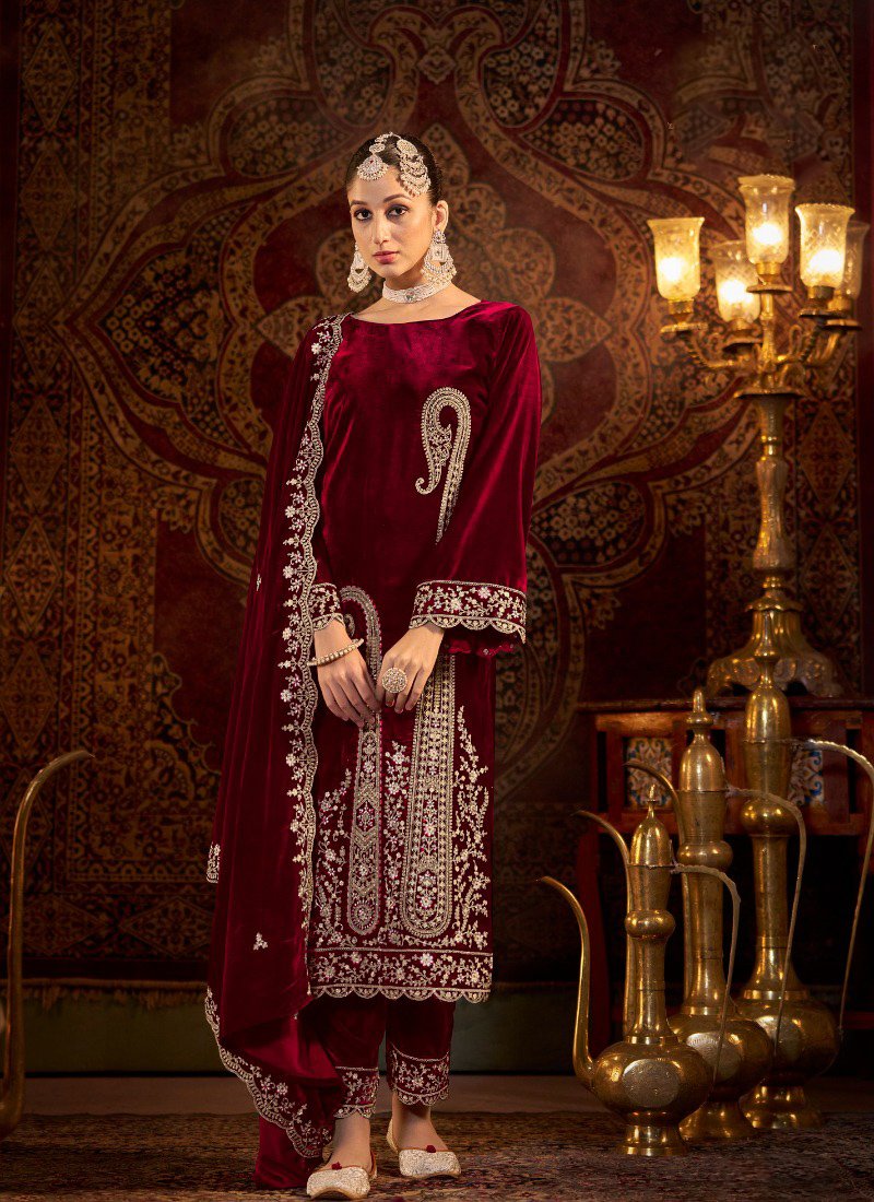 Beautiful floral embroidered pure velvet pantsuit with pashmina shawl in red