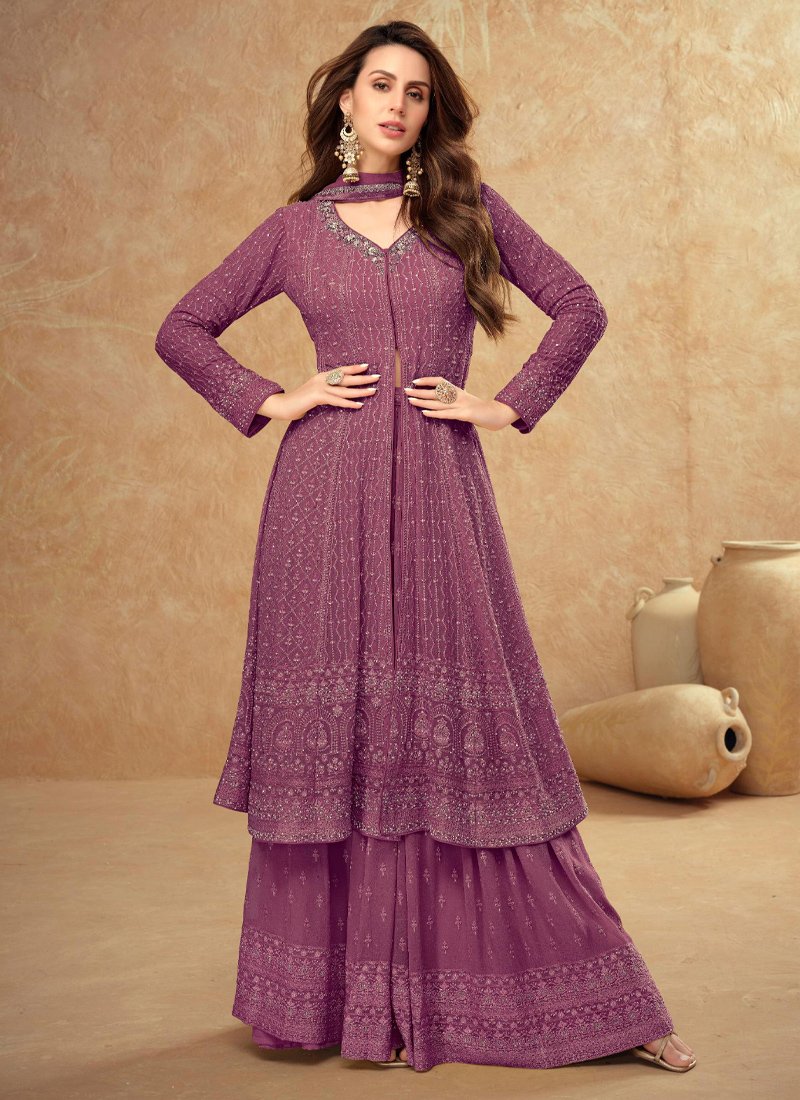 Stunning heavy embroidered real georgette sharara suit in magenta