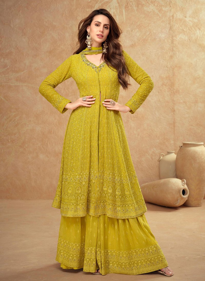 Stunning heavy embroidered real georgette sharara suit in yellow