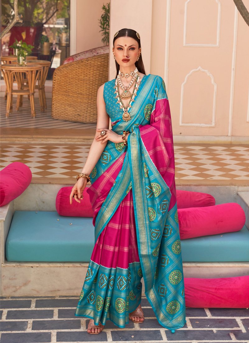 Designer foil printed silk saree in pink