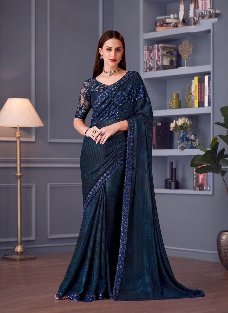 Beautiful heavy floral embroidered satin silk saree in navy blue