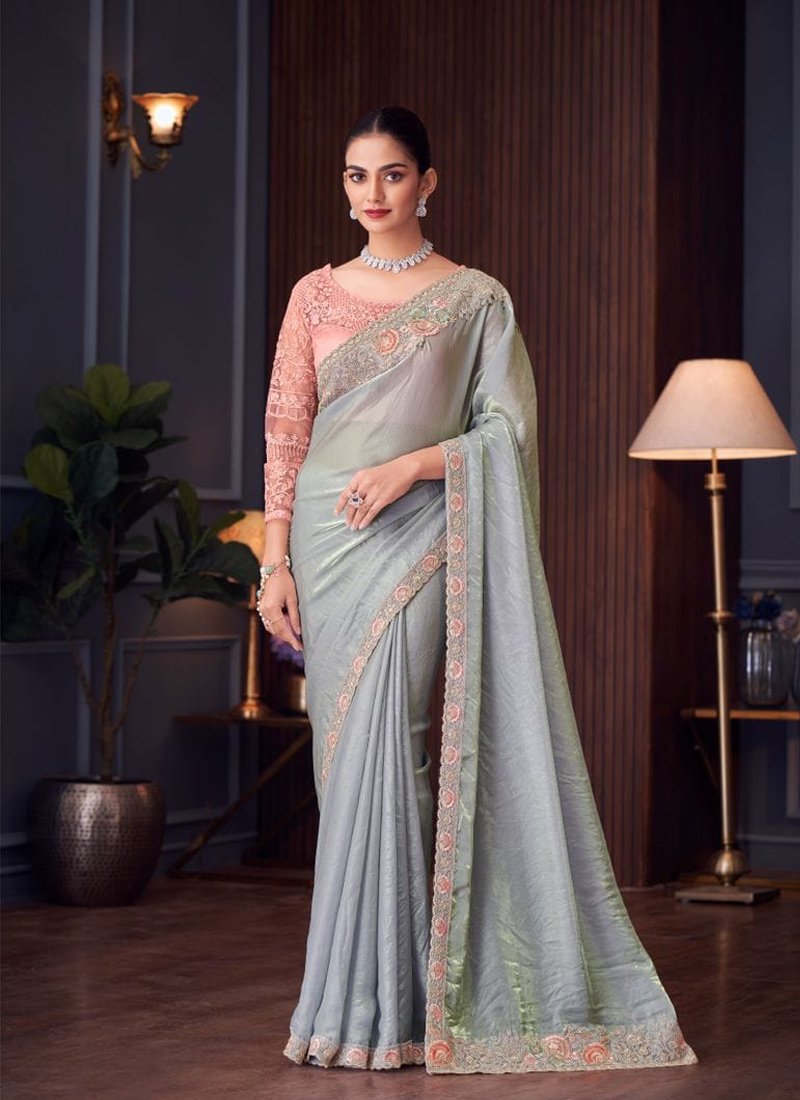 Beautiful heavy floral embroidered satin silk saree in grey