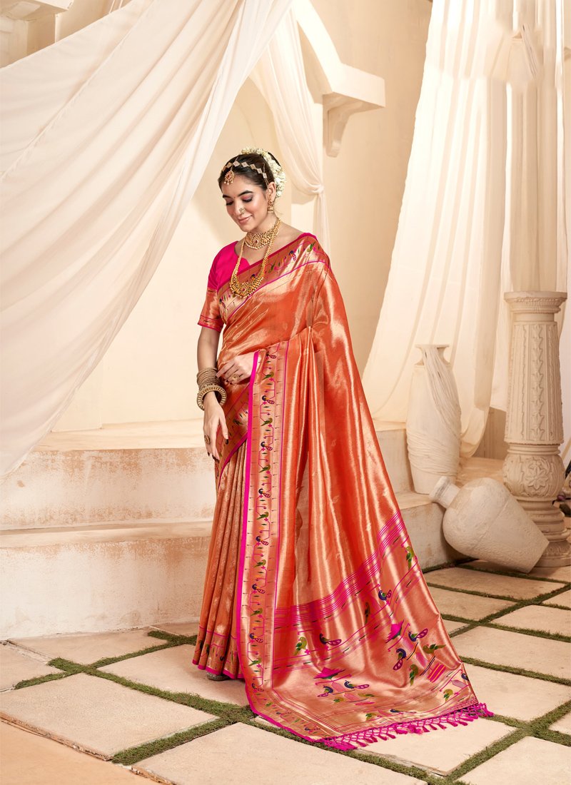 Beautiful handloom weaving tissue silk saree in peach pink