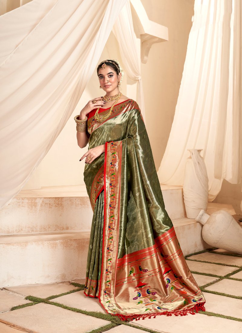 Beautiful handloom weaving tissue silk saree in dark green